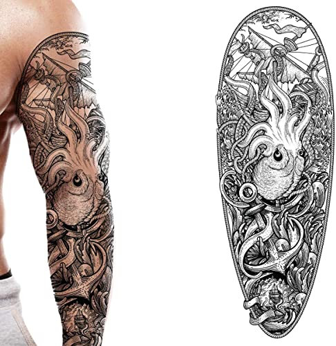 Tatodays temporäres tattoo mit vollem arm, karibischer pirat, kraken, seemann, zum aufkleben, körperkunst-transfer für frauen und männer, cosplay, halloween, erwachsene, temporäres tattoo