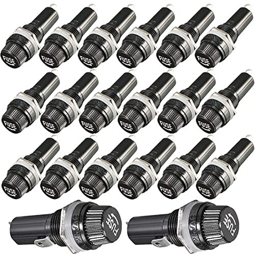 GUUZI Portafusibles Montado en Panel con Tapa de Rosca AC 125V/15A 250V/10A Negro con Portafusibles de Vidrio de 5 × 20mm (20 Juegos)