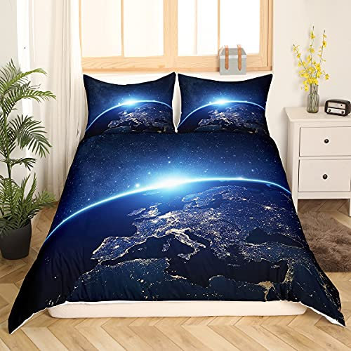 Loussiesd Kinder Jungen Erde Bettwäsche 155x220cm Planet Weltraum Bettbezug Set Dunkelblau Galaxis Erde Bettwäsche Set Jugendliche Teens Blauer Planet Bettwäsche Set mit 1 Kissenbezug 80x80cm