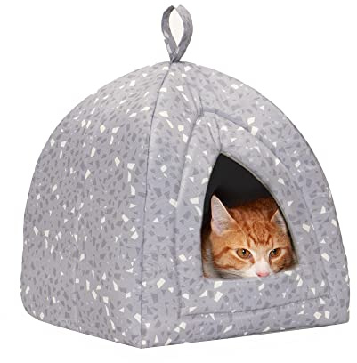 Furhaven Cat Bed Cave for Indoor Cats & Small Dogs, Washable & Foldable w/ Removable Cushion - Polycanvas Print Pet Tent - Gray Terazzo, Small
