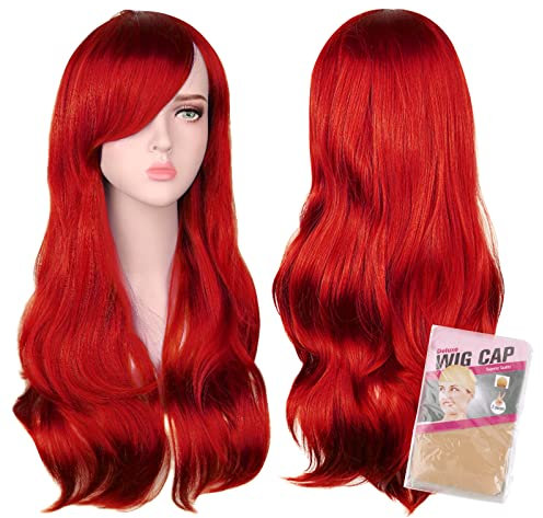 BOFUNX 70cm Rot Synthetische Lockige Perücke für Frauen - WIG - Meerjungfrau Perücke mit Haarnetz für Cosplay, Anime, Halloween & Karneval