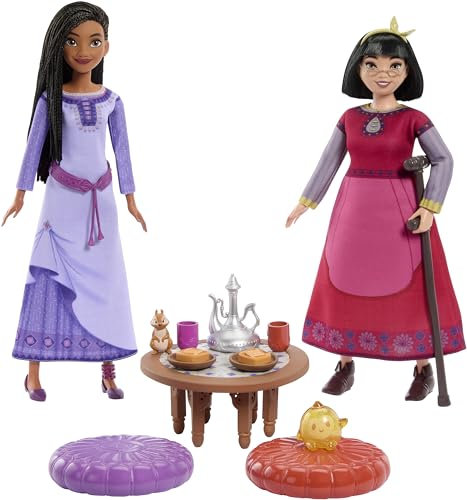 Mattel Disney Wish Playset with 2 Dolls, 2 Figures, 1 Table & 10 Accessories Including Furniture & Food, Best Friends Tea Time, Asha & Dahlia of Rosas
