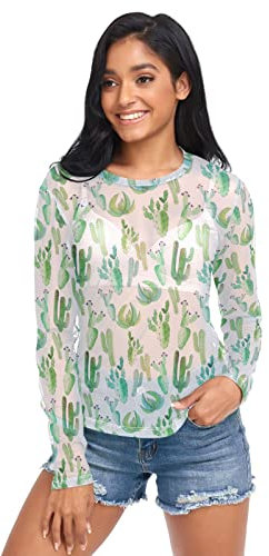 Anantty Damen Langarmshirt Tropisch Kaktus Kakteen Druck Long T-Shirt Langarm Top Rundkragen Oberteile Shirt Tunika Bluse Top