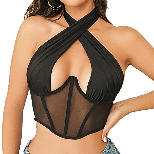 BKEPDY Debardeur Femme Tank Top Tops sans Manche Col Halter Croisé Bustier Transparent Mesh Haut Chic Élégant Vetement Ete Caraco Court Crop Top Fashion Tendance