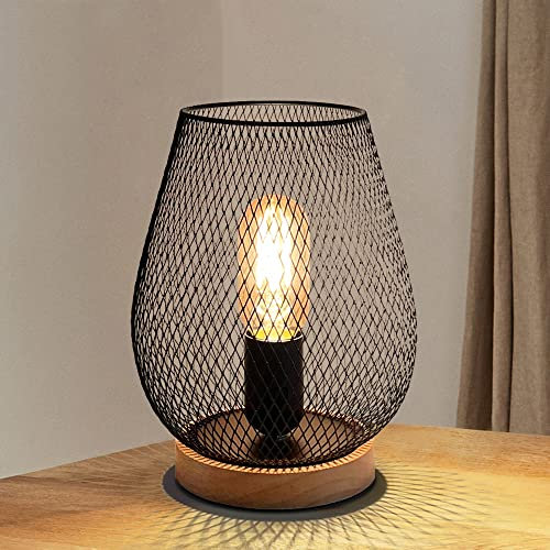 Sedom Bedside lamp with Metal Lampshade Black Table lamp Modern Bedside Table Lamp with Wooden Base for Bedroom, Living Room, Nightstand, Office (E27 Bulb Included)