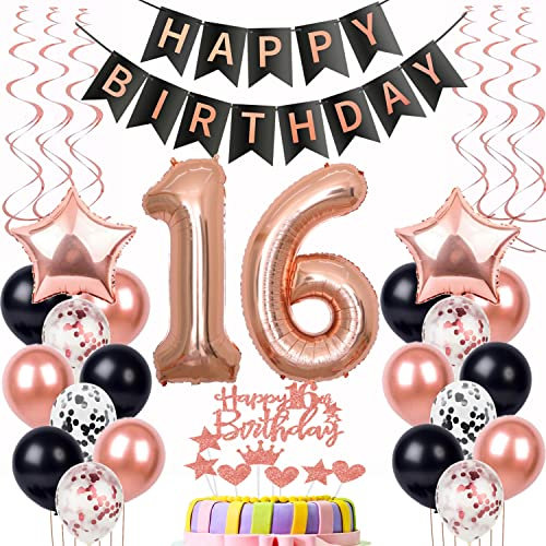 Luftballon 16. Geburtstag Dekoration Rose Gold Schwarz Geburtstagsdeko 16 Jahre Tortendeko Geburtstag 16 Mädchen,Happy Birthday 16 Mädchen