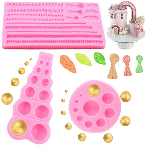 Set de 3 moldes de cuerda de cáñamo para fondant, 1 molde de silicona con borla de macramé para decorar tartas y 2 moldes de bola de perlas 3D para fondant de tartas de chocolate, galletas y mousse