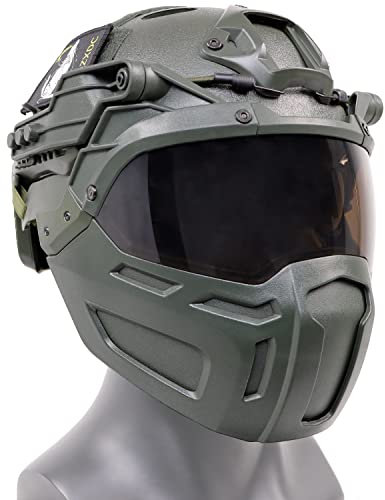 Taktischer Airsoft Paintball Helm mit Maske und Visier Set, Militärische Vollgesichtsschuss-Schutzausrüstung, für CS Game Combat (OD)