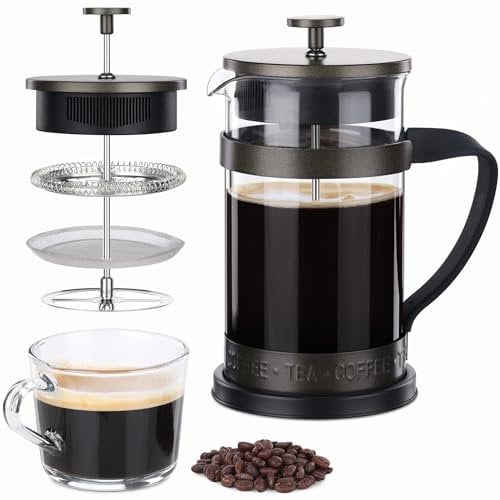 Navaris Caffettiera Francese - French Press 1000 ml per caffè Macinato - Caffettiera in Vetro Borosilicato Resistente al Calore - Teiera Retro con Filtro - Marrone