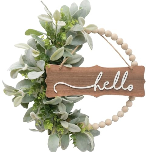 idyllic Winters Wreath for Front Door, Wood Bead Wreaths with Artificial Lambs Ears Leaves, Hello and Welcome Door Sign Wreath for Home Decor, Spring Summer Green Leaf Wreath for Wedding Decor