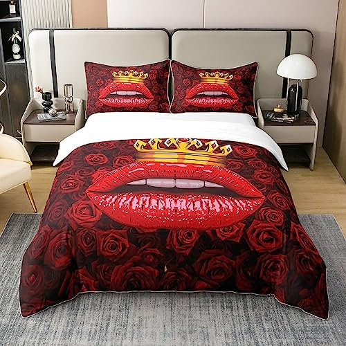 Rote Lippe 100% Natur Baumwolle Bettwäsche, 3D Lippendruck Rose Krone Bettbezug 135x200,Valentinstagsgeschenke für Frauen Erwachsene Tröster Bezug mit 1 Kissenbezug