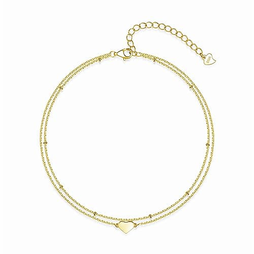 Kamise Fußkettchen für Damen Silber 925, 22+5cm Verstellbar Mehrschichtige Gold Fußspange, Sommer Barfuß Strand Fußkettchen Armband, Wasserfest Fußbändchen Knöchel-Kette, Herz Doppelkette Fußkette