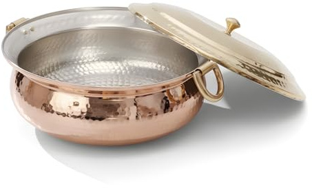 P-TAL Braiser in rame con coperchio, pentola larga e poco profonda in rame 100% puro rame martellato Lagaan per benefici ayurvedici per la salute