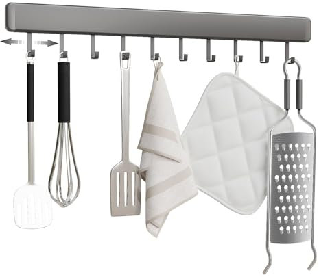 HMAKGG Support Ustensiles Cuisine 50CM - Porte Ustensiles Cuisine Mural sans Perçage - Barre Cuisine Ustensile avec 10 Crochets Mobiles, Accroche Ustensiles de Cuisine en Aluminium, Gris