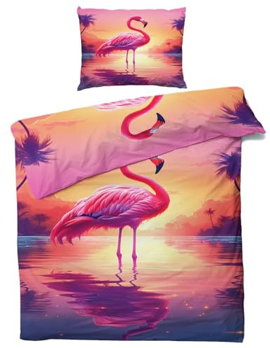 QEODAH Housse de Couette 220x240 Flamant Rose - Parure de Lit 2 Personnes Motif Animaux Tropicale, Ensemble de Literie Imprimée en Microfibre Douce avec Fermeture éclair, 2 taies d'oreiller 65x65 cm