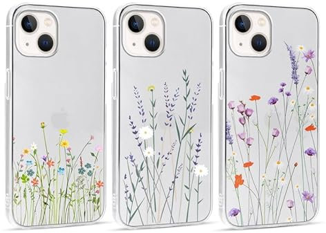Foonary 3 Stück Transparent Hülle für Apple iPhone 14/iPhone 13 6,1, Handyhülle mit Muster Mädchen Aesthetic Blumen Muster Motiv Design Slim Case, Silikon Schutzhülle Cover für iPhone 14/13, Blumen5