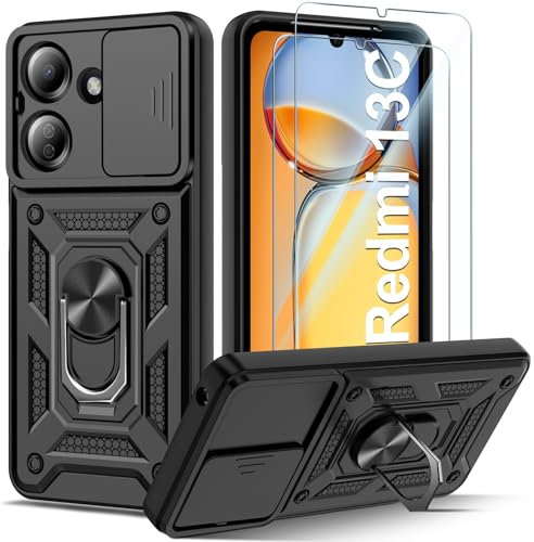 Guisessy Funda para Xiaomi Redmi 13C/13 C/Poco c65 4G Armor Carcasa Cubierta de cámara Deslizante Proteger con 2 Pack Cristal Templado Protector, con 360 Anillo Soporte PC y Silicona TPU Case, Negro