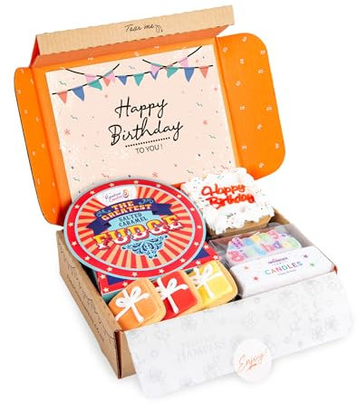 Happy Birthday Letterbox Treat – Cake, Biscuits, Fudge & Candles – Postal Hamper Gift for Her or Him – Celebration Delivery by Post – Unique Snack Box Surprise