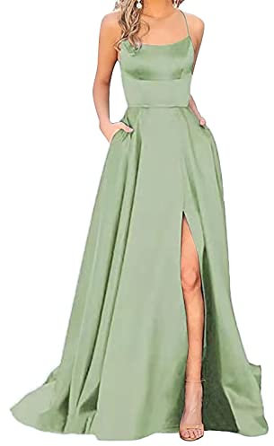Vestido de Noche Elegante para Mujer, Largo Sin Espalda Descubierta, Satén, Espaguetis de Fiesta, Graduación, Festivo Rojo Vino, Verde