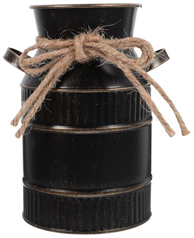 Alipis Galvanized Metal Farmhouse Flower Vases, Metal Flower Pot Farmhouse Rustic Iron Vase Garden Pot Metal Milk Can Container Black, 14.50X12.00X9.00CM