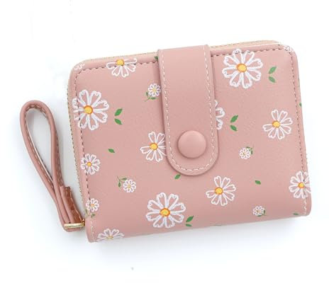 LZSXDWXY Damen-Geldbörse, modisch, niedliches Gänseblümchen-Motiv, mit Reißverschluss außen, Münzgeldbörse, Bifold Bill Wallet mit Kreditkartenfach, Ausweisfenster