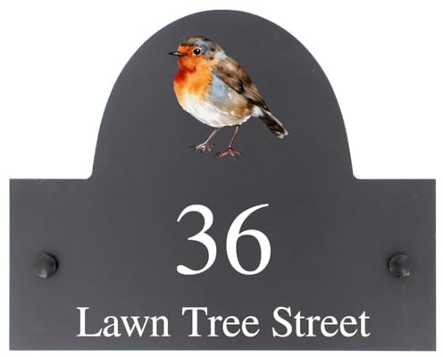 Personalised Robin Bird Motif Arch Top Slate Sign - 25x20cm | Natural Stone Slate House Name or House Number Plaque Sign - Premium Smooth Stone Slate - Includes Wall Screws