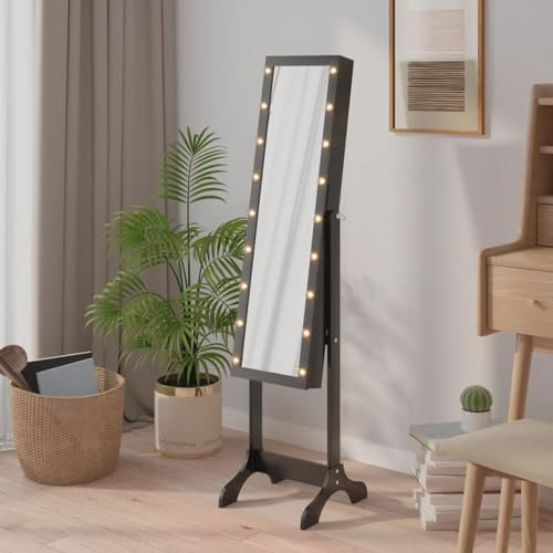 ShCuShan Selbsttragender Spiegel mit schwarzer LED, 34 x 37 x 146 cm, Schmuckschrank, Schmuckschrank, Standspiegel in voller Länge, Schmuckorganizer mit Schloss