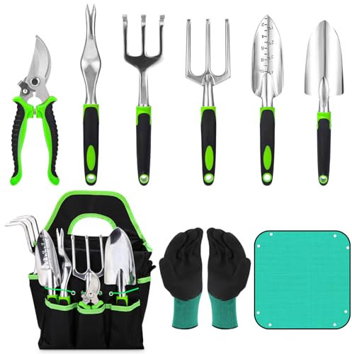 Juego de Herramientas de Jardín 9 Piezas Juego De Jardinería De Acero Inoxidable con Bolsa De Almacenamiento, Rastrillos, Trasplante, Guantes, Kit De Jardinería para Hombre Y Mujer