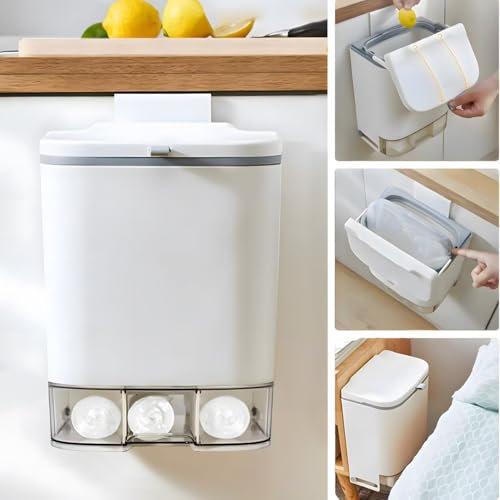 2.4 Gallon Compost Bin Hanging Trash Can with Lid Garbage Can Wall Mounted Trash Can with 3 Pack Disposable Bag for Kitchen,Cupboard, Bathroom, Under Sink,Counter Top (White)