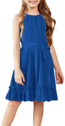 Arshiner Abiti Bambina Blu Estivo Abito A-Line Abiti Casual Abito Compleanno Bambini Abito Senza Maniche Tinta Unita Abito Scolastico Abito Casual per Bambini Abiti da Festa con Cintura 7-8 Anni