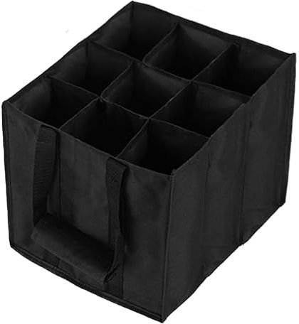 YILANJIN Bottle Bag with 9 Compartments, Carry Bag with Dividers, Non-Woven Wine Carrier with Handle, Champagne Bag, Reusable Wine Bottle Bag for Red Wine, Beer, Water Bottles, Black, (27x27x27cm)