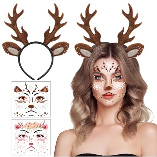 HOWAF Reh Haarreif & 4 Gesichtstattoo, Hirschgeweih Rentier für Kostüm, Weihnachten, Halloween, Karneval Fasching, Braun