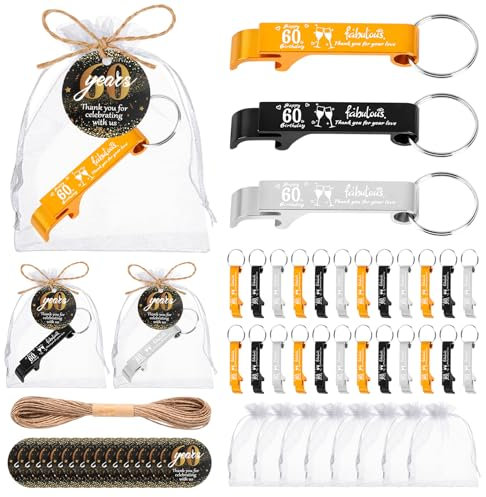 60Sets 60th Beer Bottle Opener Keychain Bulk 60th Birthday Party Favors for Adults Guests, 60th Personalized Black Gold Bottle Opener with Gift Bags Thank You Cards, for Birthday Decor Souvenirs （60）