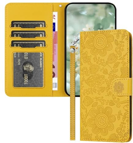 IMEIKONST Compatible with Samsung Galaxy S25 Flip Case, Premium Leather Retro Phone Case Notebook Wallet with Card Slots Magnetic Closure Shockproof Cover for Samsung S25. Yellow RXH