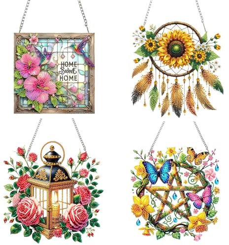 CXINLky DIY Diamond Art Painting Anhänger mit Kette, Frühling Diamant Painting Fensterbilder, Kreativ Diamond Malerei Wandbehang Kits für Fenster Wand Eingang Garten Decor-4 Stuck-C