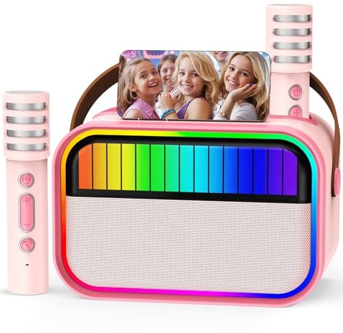 Machine de karaoké pour Enfants et Adultes, Jouets pour Enfants de 3 à 12 Ans, Cadeaux d'anniversaire pour Filles, Enceinte Bluetooth Portable avec 2 Microphones, Cadeau pour Filles (Rose)