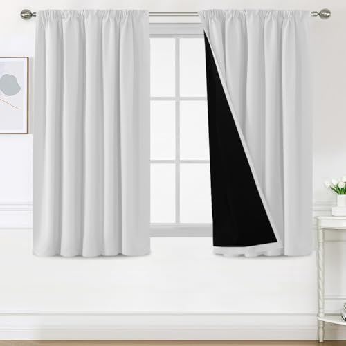 BellaHills 100% Thermovorhang Kälteschutz mit Kräuselband Gardinen Blickdicht 2er Set H145 x B140 cm Verdunklungsgardine Vorhänge Wohnzimmer Blackout Curtains, Vorhänge Kurz, Grau-weiß