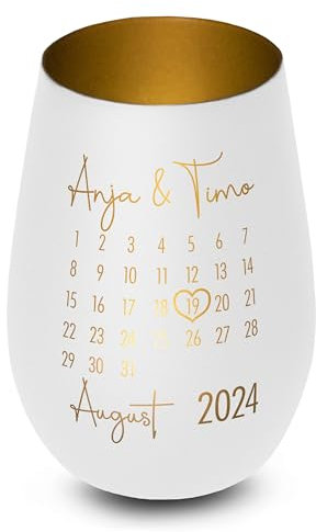 Windlicht aus Glas „Kalender“ personalisiert - Elegantes Geschenk mit Gravur - für sie & ihn - Jahrestag Verlobung Hochzeit Jubiläumsgeschenk - Weiß-Gold
