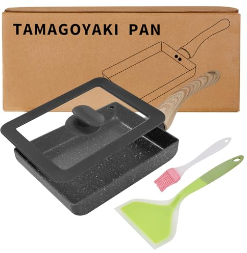 HooJay Japanese Omelette Pan with Lid,Square Japanese Egg Pan, Rectangle Tamago Pan with Spatula & Oil Brush 7” x 5” (Black)