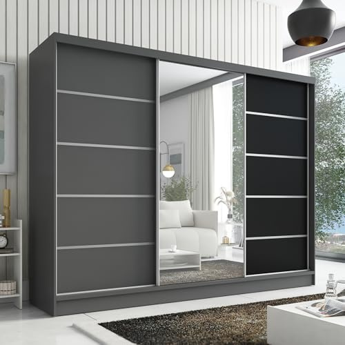 A&J MöbelLand Kleiderschrank Aurelia 1 – Schwebetürenschrank 200 cm breit mit Spiegel, 3-türig, Kleiderschrank mit Schubladen, Schiebetürenschrank für Schlafzimmer oder Garderobe