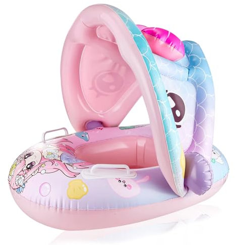 SENLINLIN Salvagente neonato con parasole, Ciambella neonato mare 6-36 mesi (fino a 15 kg), Salvagente neonato 1 anno, Gonfiabile neonato mare con braccioli, Salvagente per neonati a forma di sirena
