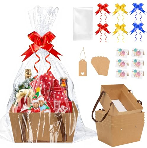 SelfTek 6 Set Geschenkkorb Leer Groß - Geschenkkorb mit Präsentkorb Leer Geschenkfolie Transparent, Schleifen, Grußkarte, Etikett, Präsentkorb Leer für Valentinstag, Hochzeit (Braun 6 Set)