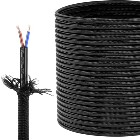 QWORK® Cable textil 2 hilos, 10 metros 0,75mm² cable de trenzado negro, para lámpara