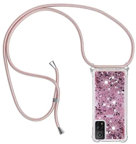 YAMCCCSE Handykette Hülle für Xiaomi Mi 10T / 10T Pro - Quicksand Glitzer Hülle mit Band - Silikon Handyhülle mit Kordel Umhängenband - Schnur mit Treibsand Case zum Umhängen, Rosa