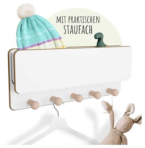 Holzura Kindergarderobe Holz mit Ablage – Wandgarderobe Kinder mit 5 Haken, Montessori Garderobenleiste