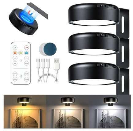 LIAISIMI 3 Stück Bildbeleuchtung Kabellos, Wiederaufladbare Bilderleuchte Kabellos mit Fernbedienung, Bild Licht mit 3 Lichtfarben, Timer, Magnetisches Mallicht für Wand, Bild, Vitrinen (Schwarz)