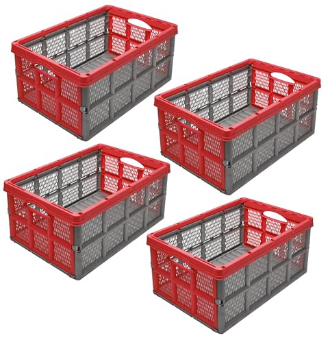 Garronda Klappbox Klappkiste Faltbox 4 Pack 51x34x22 cm GD-0188 Grau/Rot | HDPE, Stapelbar, als Aufbewahrungsbox für Transport, Lagerung und Ernte, vielseitig einsetzbar in Auto, Garten und Haushalt