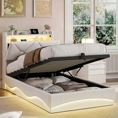 Poeahu Kist 90 x 200 cm, con illuminazione a LED e USB, letto singolo con vano di stoccaggio idraulico e testiera, letti singoli con doghe per 1 persona, foderati, struttura, senza materasso
