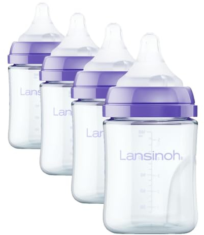 Lansinoh Glass Baby Bottle + NaturalWave™ Slow Flow Teat with Anti Colic Air Vent - 160ml - Breastfeeding Bottle Feeding: Clinically Proven to Reduce Nipple Confusion (Pack of 4)