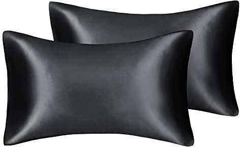 Lot de 2 taies d’oreiller en satin soyeux de qualité supérieure - Idéal pour la santé de la peau et des cheveux - Propriétés hypoallergéniques, Noir , Standard